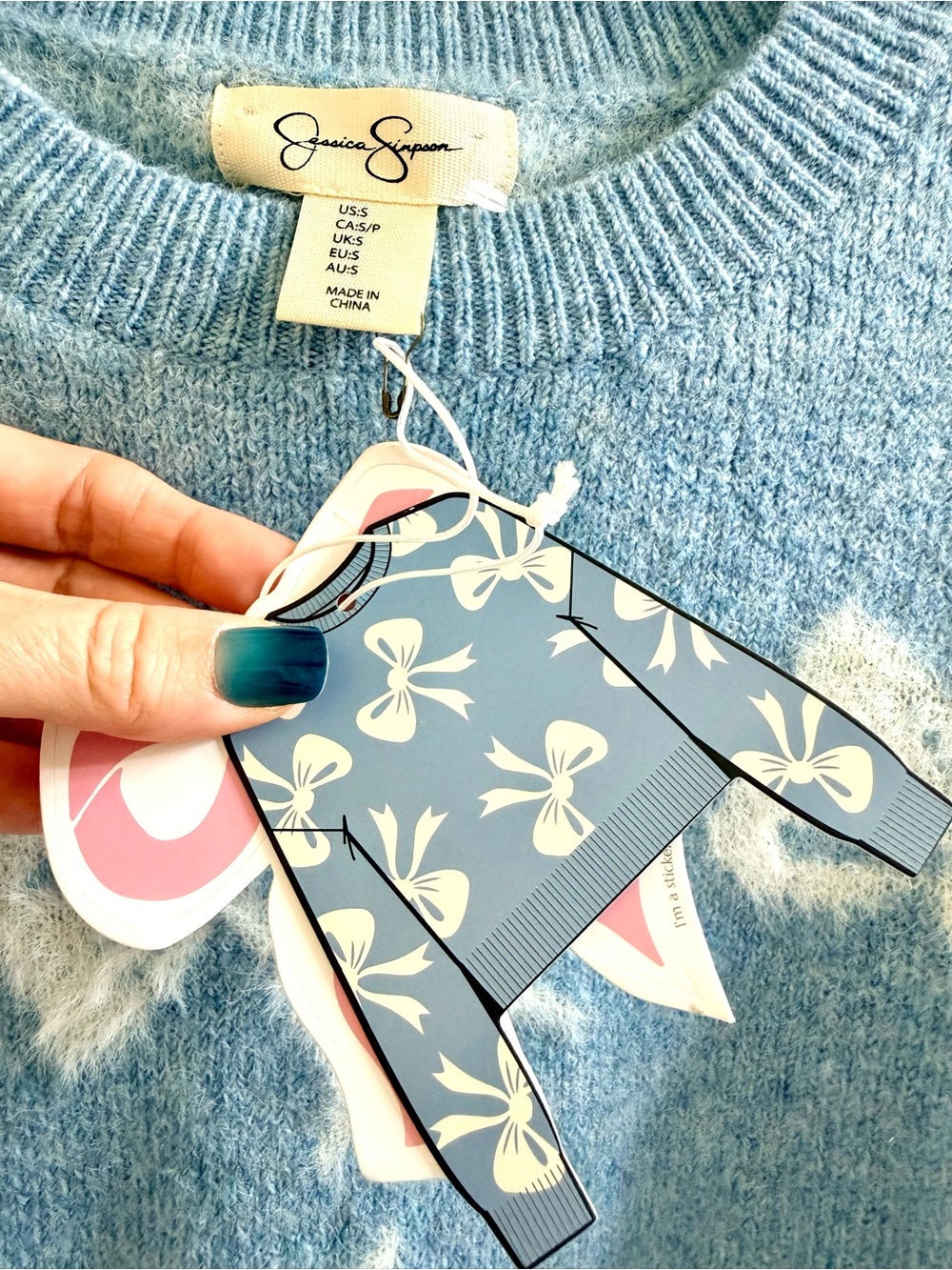Jessica Simpson Allover Bow Cropped Crewneck Sweater Blue White S - Picture 3 of 11